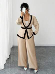 Elenzga Conjunto de 2 piezas de chaqueta y pantalones de manga larga de contraste de color elegante, versátil y de alta gama para mujeres de talla grande - Caqui - Ver 4