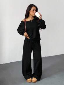Muchica 女士纯色斜肩长袖上衣和裤子休闲套装 - 黑色 - 查看 5