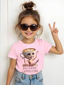 少女基础款卡通图案浅粉色圆领短袖T恤 - 黑色 - 查看 1