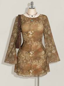 SHEIN ICON Váy cỡ lớn cho nữ mùa thu, váy dài tay cho nữ, váy lễ hội tay chuông lưới Paisley cổ điển Y2k gợi cảm cho ngày lễ - màu nâu - Xem 1