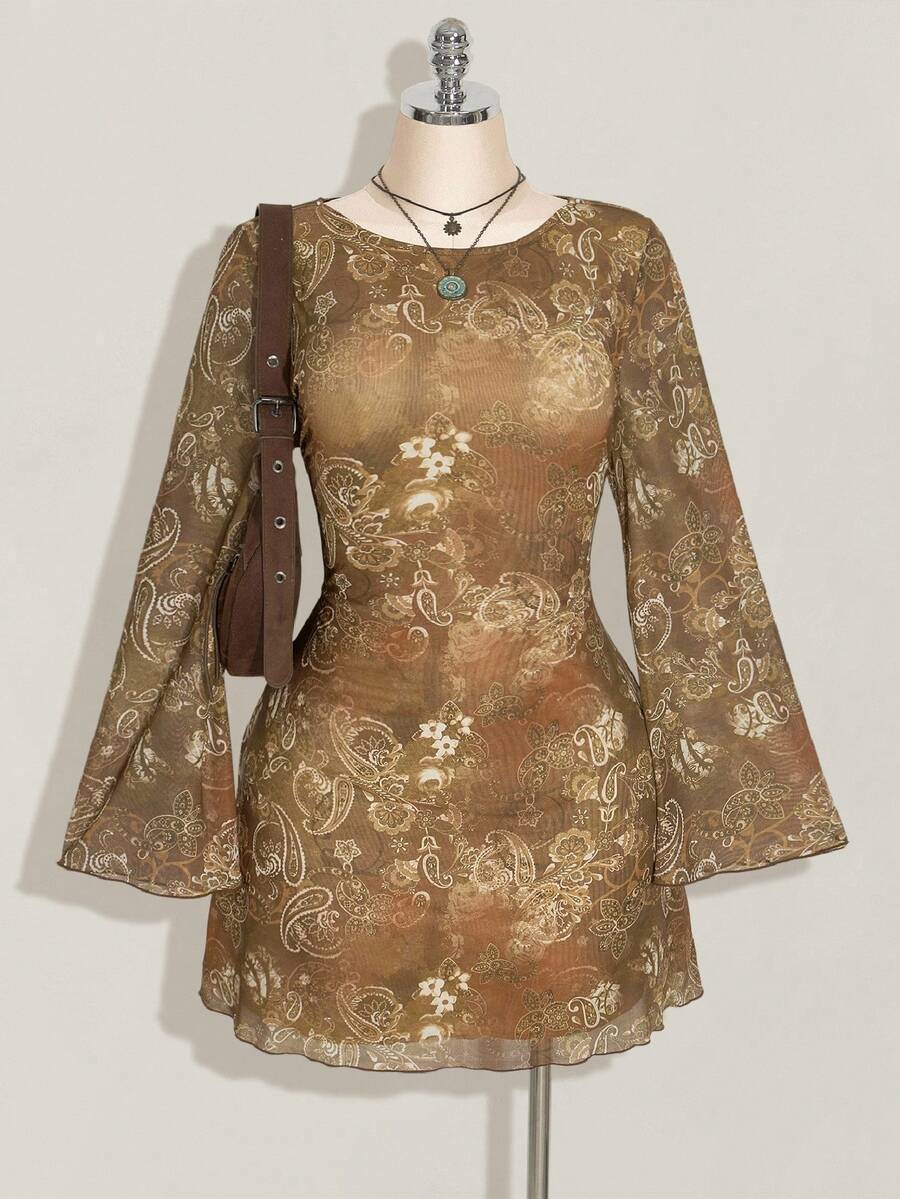 SHEIN ICON Váy cỡ lớn cho nữ mùa thu, váy dài tay cho nữ, váy lễ hội tay chuông lưới Paisley cổ điển Y2k gợi cảm cho ngày lễ - màu nâu - Xem 1