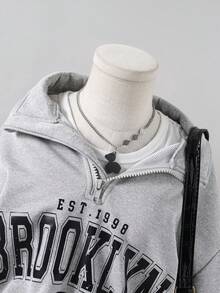 1pc Girls Crew Neck Half-Zip Front Brooklyn Letter Graphic Print Long Sleeve Pullover Sweatshirt, Autumn
