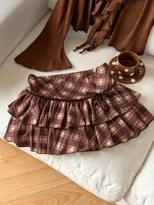 Comfortcana 女式格子蝴蝶结装饰双层荷叶边下摆时尚 A 字裙