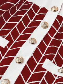 DreamSkyne 女式黑色针织 V 领几何提花撞色饰边口袋中长修身优雅厚实弹力开衫，适合万圣节、新年、情人节、感恩节、圣诞节、复活节、庆典、除夕 - 彩色 - 查看 3