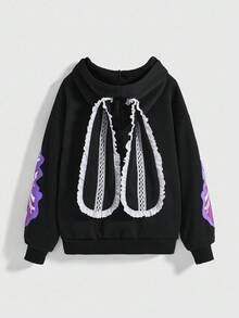 ROMWE Avant 奇特骷髅图案蕾丝可爱兔耳蕾丝卫衣，宽松版型 - 黑色 - 查看 4