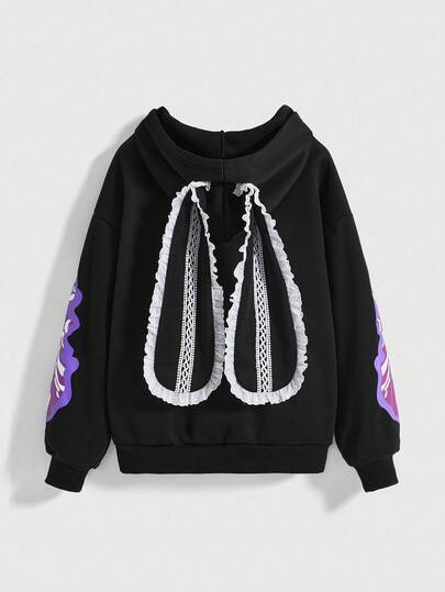 ROMWE Avant Sweat-shirt à capuche en dentelle avec motif squelette bizarre et oreilles de lapin mignon, coupe ample