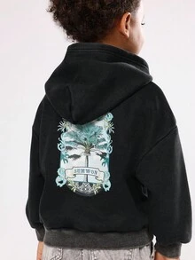 SUMWON 青年休闲棉混纺连帽衫，棕榈树图案，海滩主题抽绳，舒适秋冬套头衫，假日风格 - 深灰色 - 查看 1