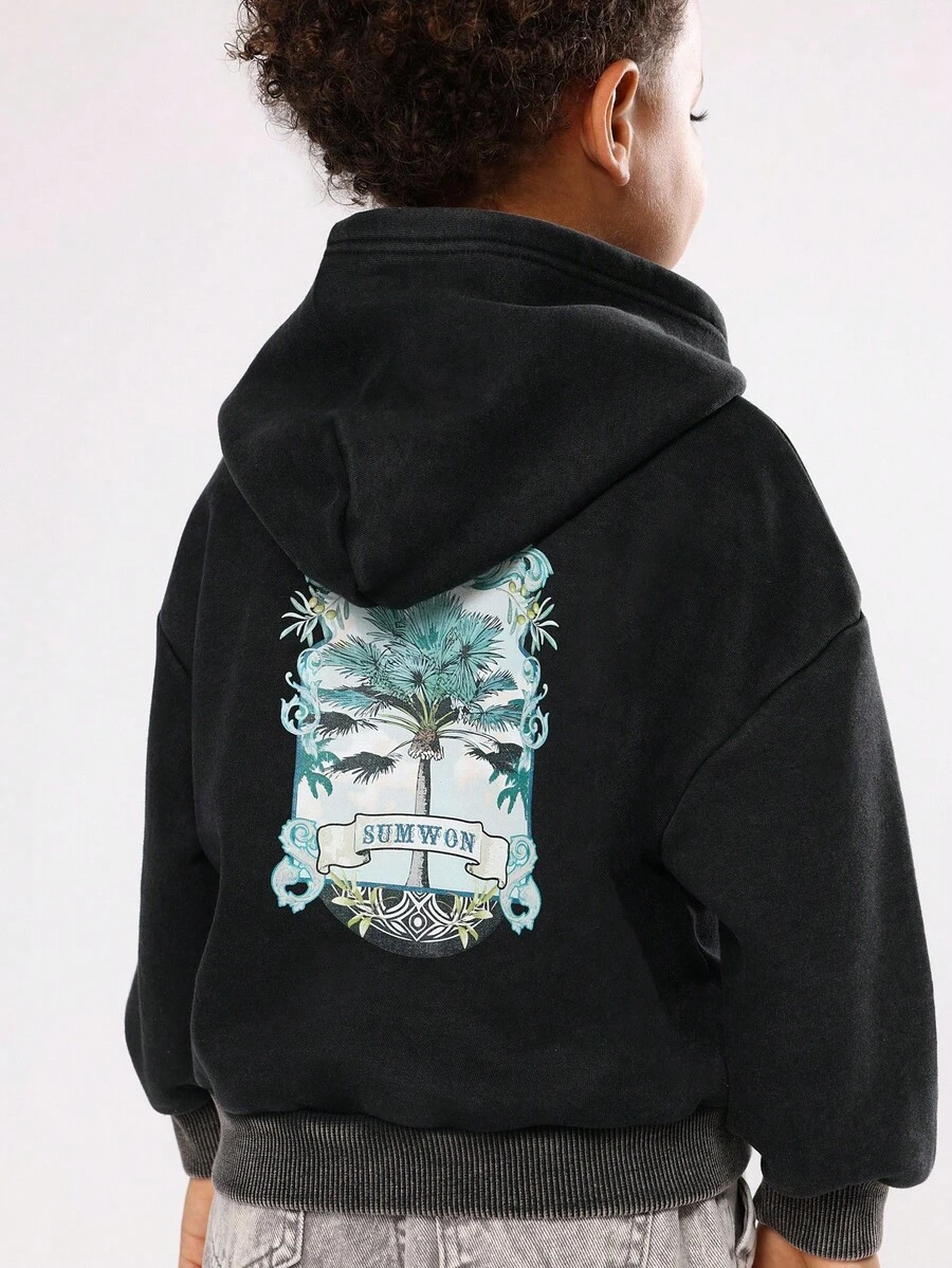 SUMWON 青年休闲棉混纺连帽衫，棕榈树图案，海滩主题抽绳，舒适秋冬套头衫，假日风格 - 深灰色 - 查看 1