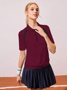 CourtClass CourtClass 女式休闲运动半拉链撞色插肩短袖网球 Polo 衫，夏季 - 酒紅色 - 查看 4