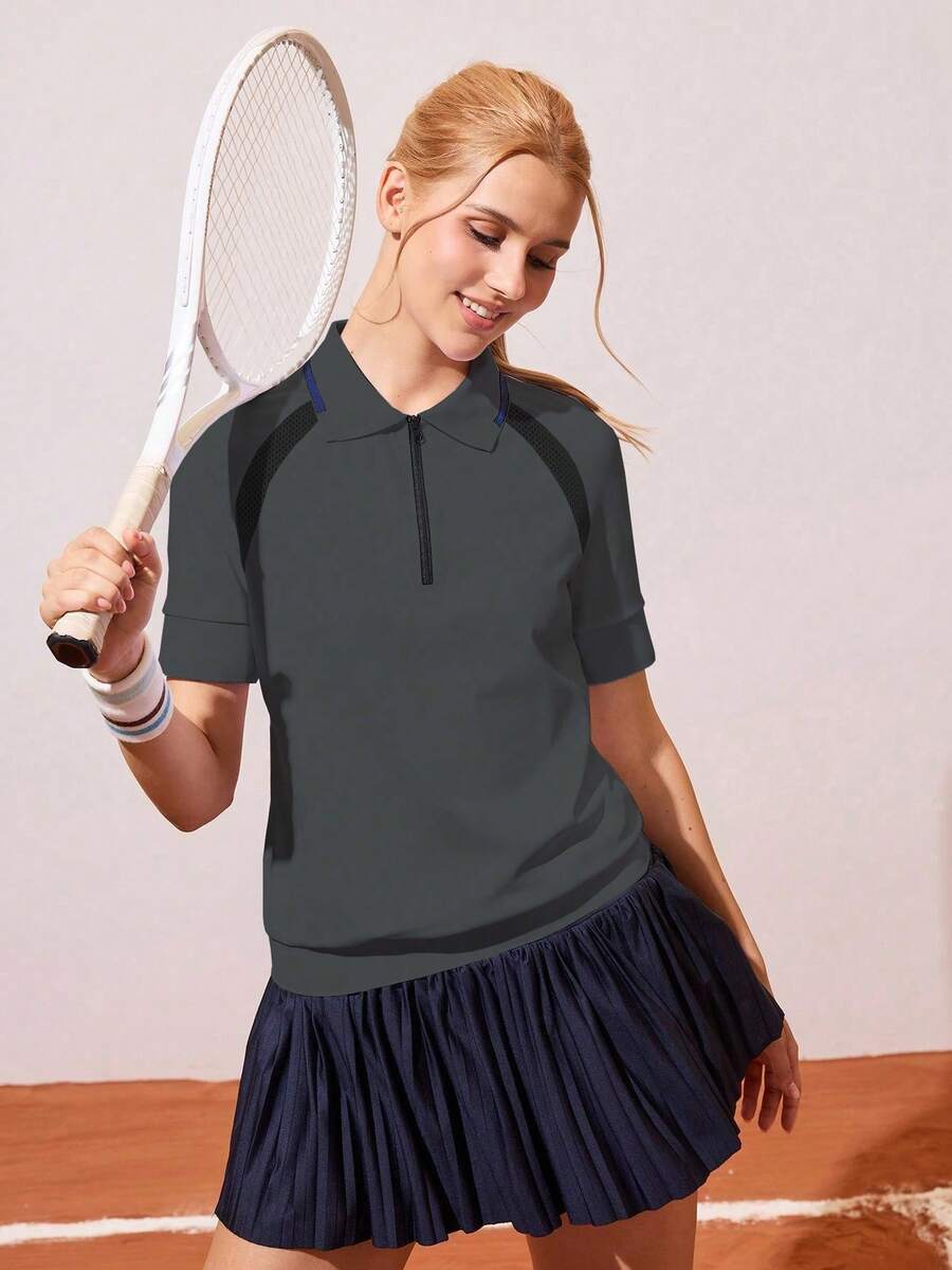 Gameset SHEIN Sport Women's Dark Grey Color Block Polo Collar Short Sleeve Sports Top,Summer Casual Golf Tennis Gym Blouse,Athletic Skirt Golf Tops - Grey - View 1