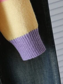 Sparklyn 青少年女孩休闲日常通勤拼色条纹图案落肩宽松套头毛衣，秋冬 - 杏色 - 查看 5