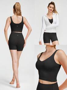 GLOWMODE FeatherFit™ U-Back Cropped Active Tank & 4.3" Tummy Control Biker Shorts Set Low Impact Yoga Daily - Black - View 10