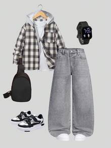 SHEIN Explorewe 男童复古水洗灰色宽松阔腿休闲牛仔裤，美式高街百搭牛仔裤，秋冬季时尚穿搭之选 - 灰色 - 查看 4