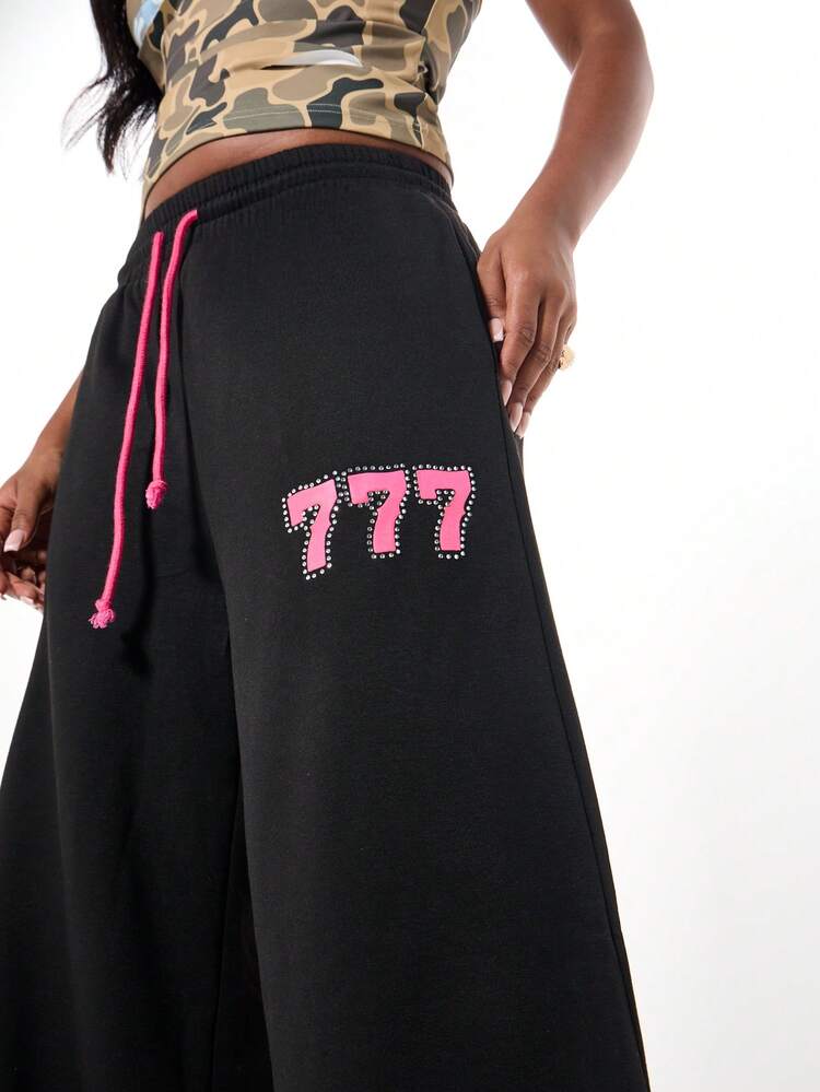 SUMWON WOMEN Wide Leg Pants With Rhinestone Number Print