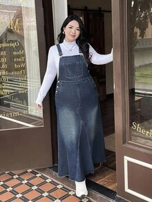 Rivivi Winter Outfit Plus Size Cowgirl Outfit, Blue Denim Sleeveless Jumpsuit, Fall Dresses - Dark Wash - View 5