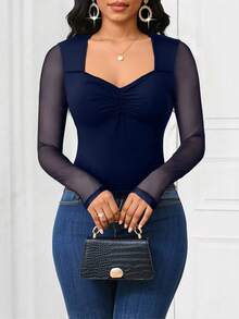 SHEIN Lady 2025 New Women's Fashion Sweetheart Collar Slim Fit Mesh Patchwork Navy Blue T-Shirt - Navy Blue - View 6