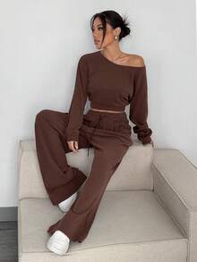 SHEIN EZwear 女士纯色斜肩长袖短款卫衣和抽绳腰阔腿裤休闲套装，秋季 - 巧克力棕 - 查看 5