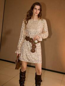 MOTF PREMIUM VESTIDO CORTO CON MANGAS ACAMPANADAS DE LENTEJUELAS Y CINTURÓN - Dorado - Ver 4