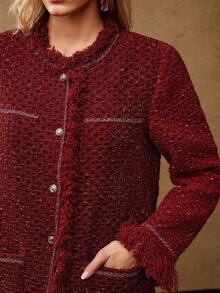 MOTF PREMIUM TWEED RAW EDGE TRIM PATCH POCKET JACKET FOR WINTER - Burgundy - View 3
