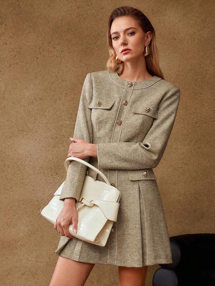 WOOL FLAP DETAIL FOLD PLEATED HEM DRESS