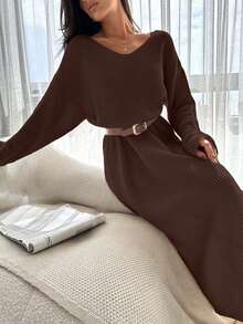 EURMUSE Satin Ribbon Detail On Back Dress Elegant Cute Simple Casual Street - Brown - View 5