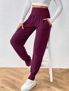EMERY ROSE Casual And Comfortable, LUNE Wideband Waist Slant Pocket Pants,Pencil Pants; - Red Violet - View 6