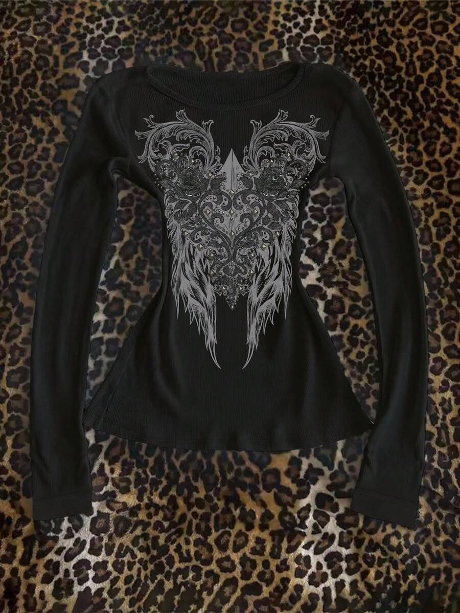 INAWLY Áo thun dài tay cổ tròn ôm sát phong cách cổ điển dành cho nữ - màu đen - Xem 1