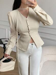 SHEIN LUNE Blusa Elegante Feminina de Cor Sólida com Manga Bufante, Abotoamento Único e Ajustada - Damasco - Visão 1