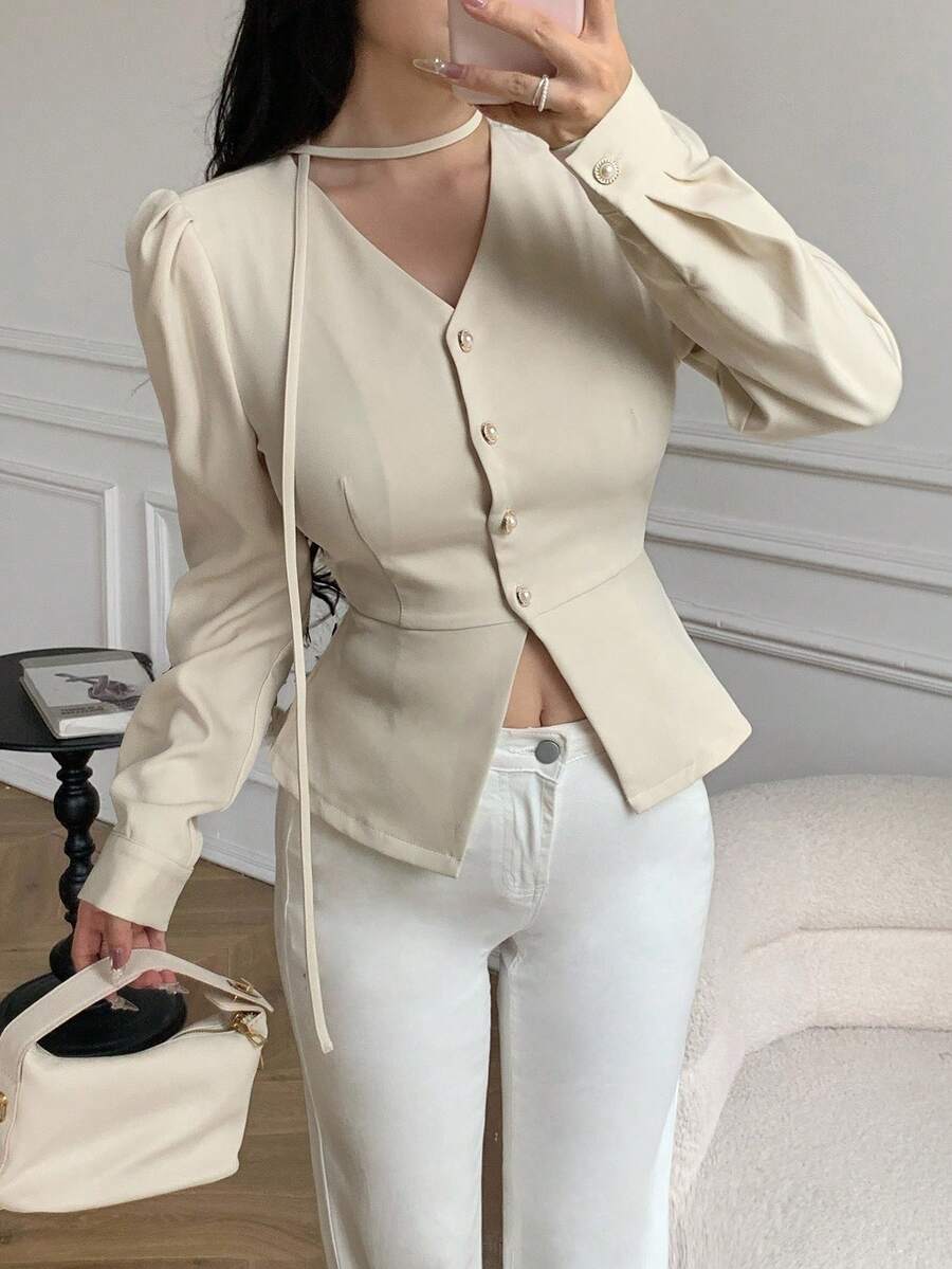 SHEIN LUNE Blusa Elegante Feminina de Cor Sólida com Manga Bufante, Abotoamento Único e Ajustada - Damasco - Visão 1