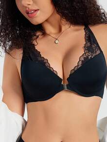 SHEIN 1pc Women's Solid Color Lace Patchwork Front Closure Underwire Bra - Black - View 4