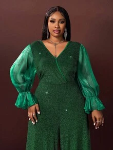 Slaydiva Large Women's Winter Silver Wire Splicing Bright Silk Lantern Sleeves With Ruffled Edges, Waist Cinched Wide Leg Long Jumpsuit, Suitable For Christmas Dresses/New Year's Clothing/Party Outfits/Elegant Women's Outfits/Shiny Fabrics/Women's Thanksgiving Outfits/Banquet/Date Outfits - Green - View 7