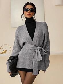 Lyxana Damen einfarbiger Cardigan mit Trompetenärmeln, Langarm, Lässig, mit Gürtel, Herbst/Winter - Grau - Übersicht 1