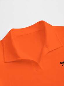 SHEIN EZwear 女士时尚休闲领蝴蝶结短袖T恤 - 橘色 - 查看 3