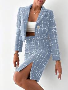 EURMUSE Plaid Pattern Split Hem Tweed Skirt - White - View 5