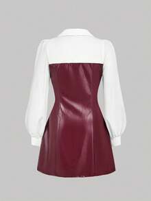 SHEIN MOD Váy sơ mi PU màu đỏ rượu cỡ lớn dành cho nữ, váy sơ mi 2 trong 1 - Nhiều màu - Xem 2