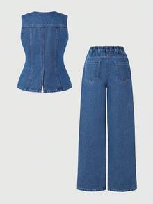 SHEIN Teen Girls Denim Vest & Wide Leg Jeans Set, New Season Simple And Elegant Personalized Retro Fashion Street Style Photography Recommendation! Unique Sleeveless Top Design + Single-Breasted Placket, Simple And Generous, Easy To Wear And Take Off, Pants With Regular Waist + Elastic + Button + Zipper Design, Convenient To Wear, Loose Straight Leg Style Design
