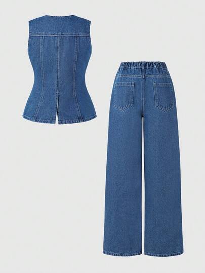 SHEIN Teen Girls Denim Vest & Wide Leg Jeans Set,Navy Blue,Summer,Casual,Holiday,Back-To-School,Retro Street Style Sleeveless Top & Loose Straight Pants