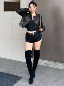 DAZY 女士休闲短款PU皮夹克，街头风，秋冬Y2K风格 - 黑色 - 查看 4