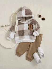 Playful Pals 幼儿男童休闲格子连帽拉链运动衫和松紧腰裤套装，冬季 - 卡其色 - 查看 3