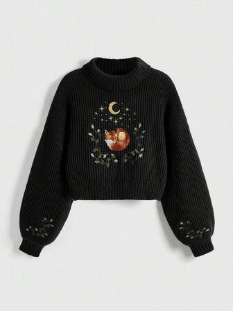Fairycore Plus Size Women Fox & Floral Embroidery Casual Sweater, Autumn/Winter
