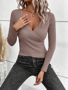 SHEIN Clasi 女款純色極簡優雅套頭毛衣，日常穿著，秋季，女上衣 棗紫色 - 駝色 - 查看 7