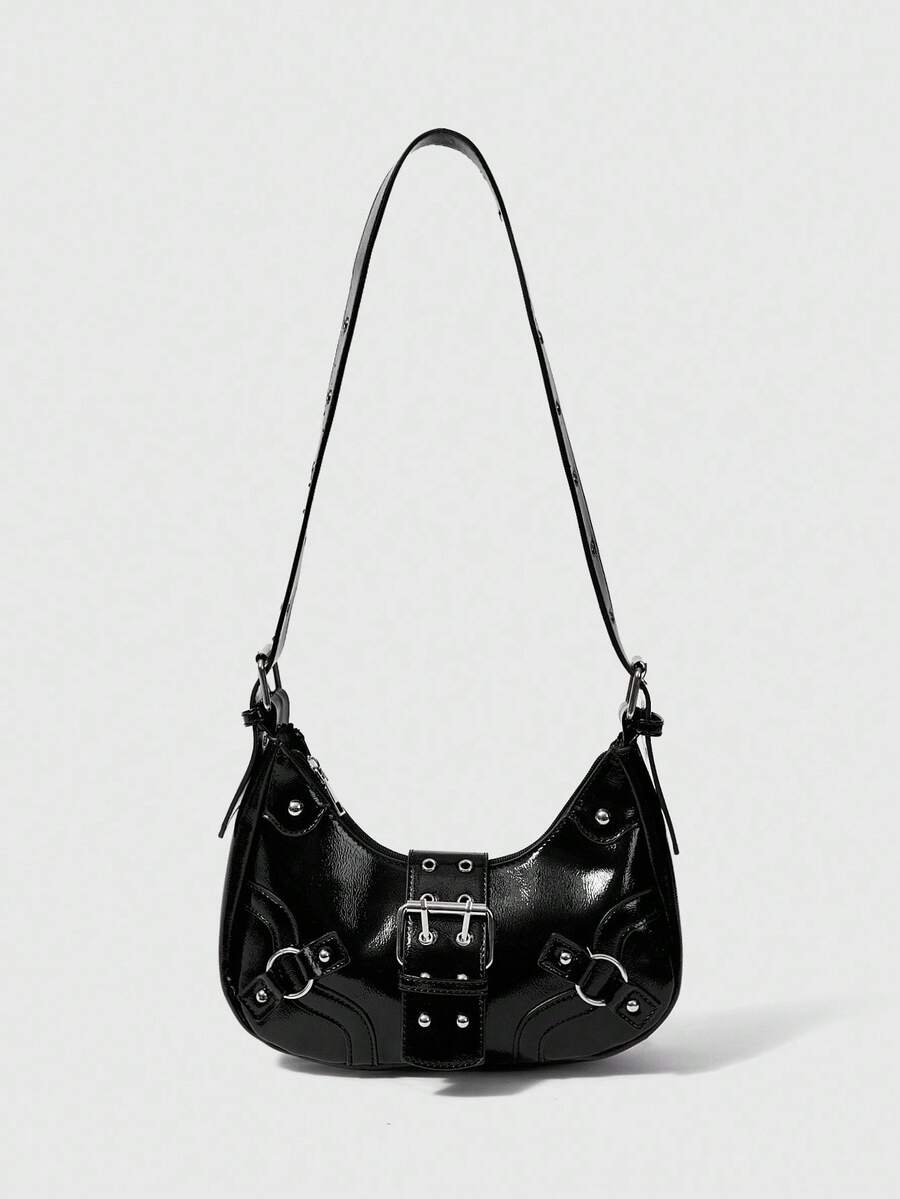 SHEIN BAE Túi Hobo trang trí khóa nhẹ, giản dị dành cho doanh nhân dành cho nữ tuổi teen Sinh viên đại học, tân binh và công nhân cổ trắng Hoàn hảo cho văn phòng, đại học, công việc, kinh doanh, đi làm, ngoài trời, du lịch, đi chơi - màu đen - Xem 1