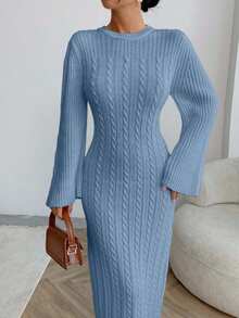 SHEIN Vestido de suéter con patrón de cable para otoño e invierno - Azul - Ver 2