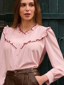 lacRébo Pastel Pink Blouse With Contrast Seam Ruffle Detail And Long Sleeves Spring Women Clothes Spring Outfits Spring Women Clothes Spring Summer Office Top Business Casual Top - Baby Pink - View 2