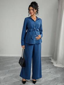 SHEIN 2pcs Maternity Set: Long Sleeve Shirt With Collar, Front Pockets, Button Front, Waist Tie; Wide Leg Pants With Waistband And Pockets