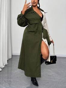 Maweii 大码女式拼布条纹侧结工装口袋休闲通勤连衣裙