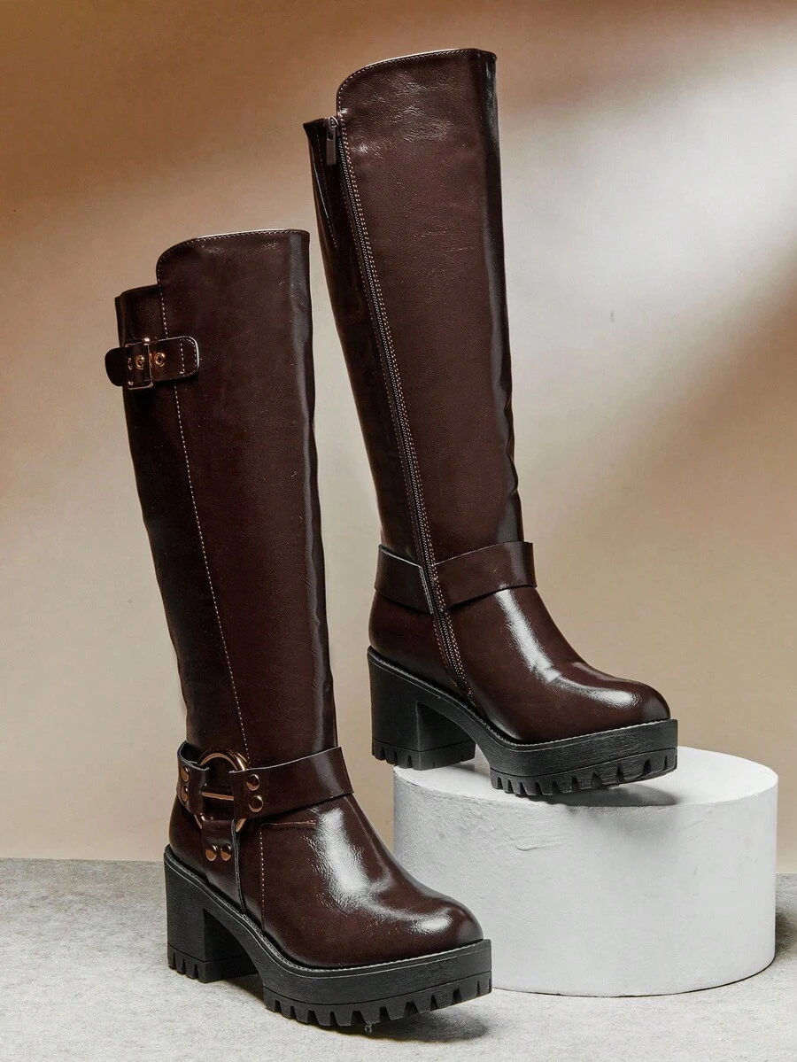 SHUZIA Top-Seller Women's Supportive Buckle Strap Round Toe Chunky Platform Moto Pu Chocolate Tall Boots – Versatile, & Comfortable For Christmas - Chocolate Brown - View 1
