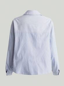 Chiquease Women's Casual Versatile Fashion Long Sleeve Single Pocket Lapel Single Breasted Blue And White Striped Loose Student College Back To School Shirt, Winter Fall Autumn New Year Thanksgiving - Blue and White - View 2