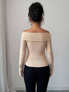 SHEIN Elenzya 25-30+ 罗纹针织交叉露肩长袖优雅T恤，休闲秋冬 - 卡其色 - 查看 2