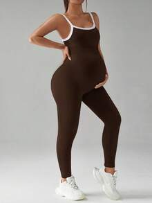 SHEIN Maternity Contrast Color Casual Sports Jumpsuit Pants - Coffee Brown - View 6